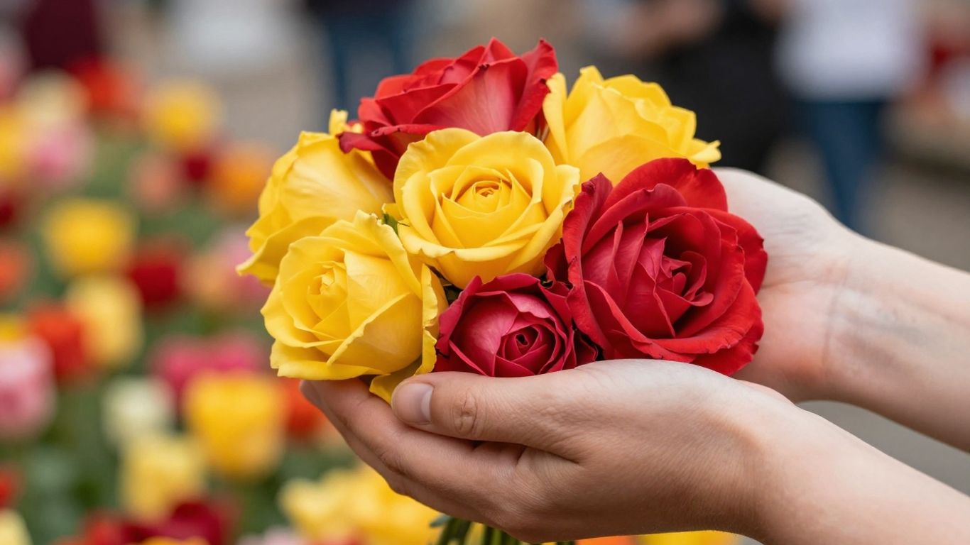 Hands holding colorful flowers, offering hope.