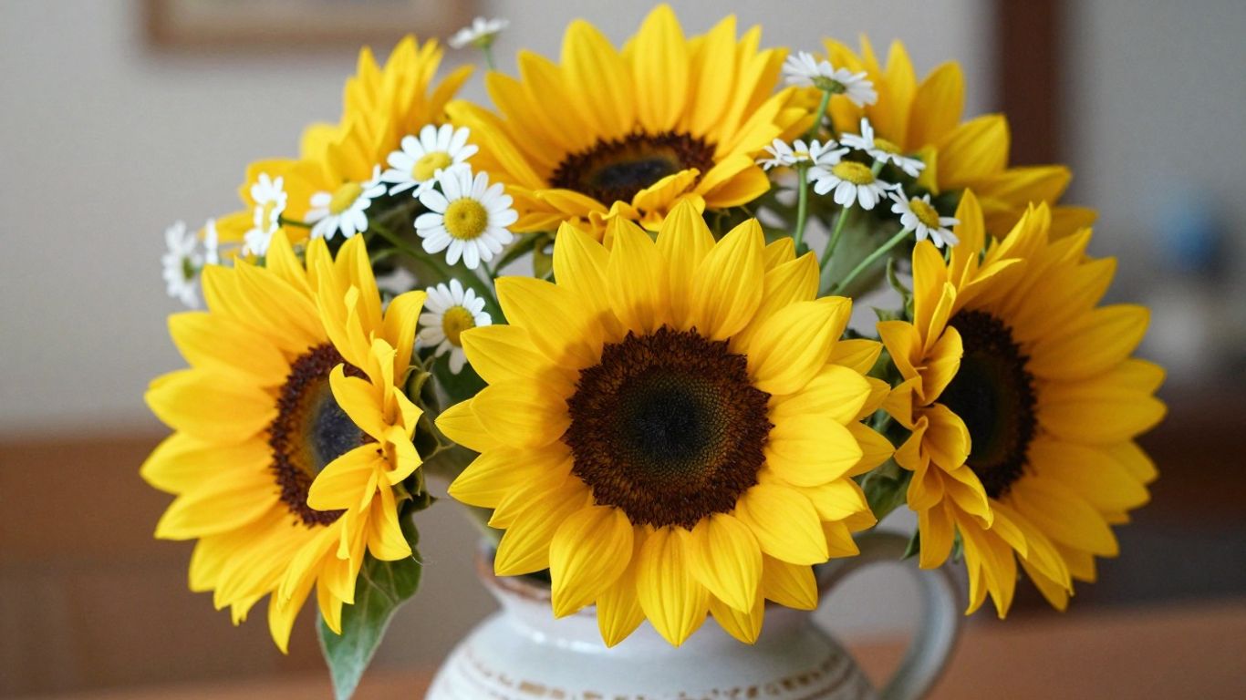 Bouquet of sunflowers and daisies for a husband.