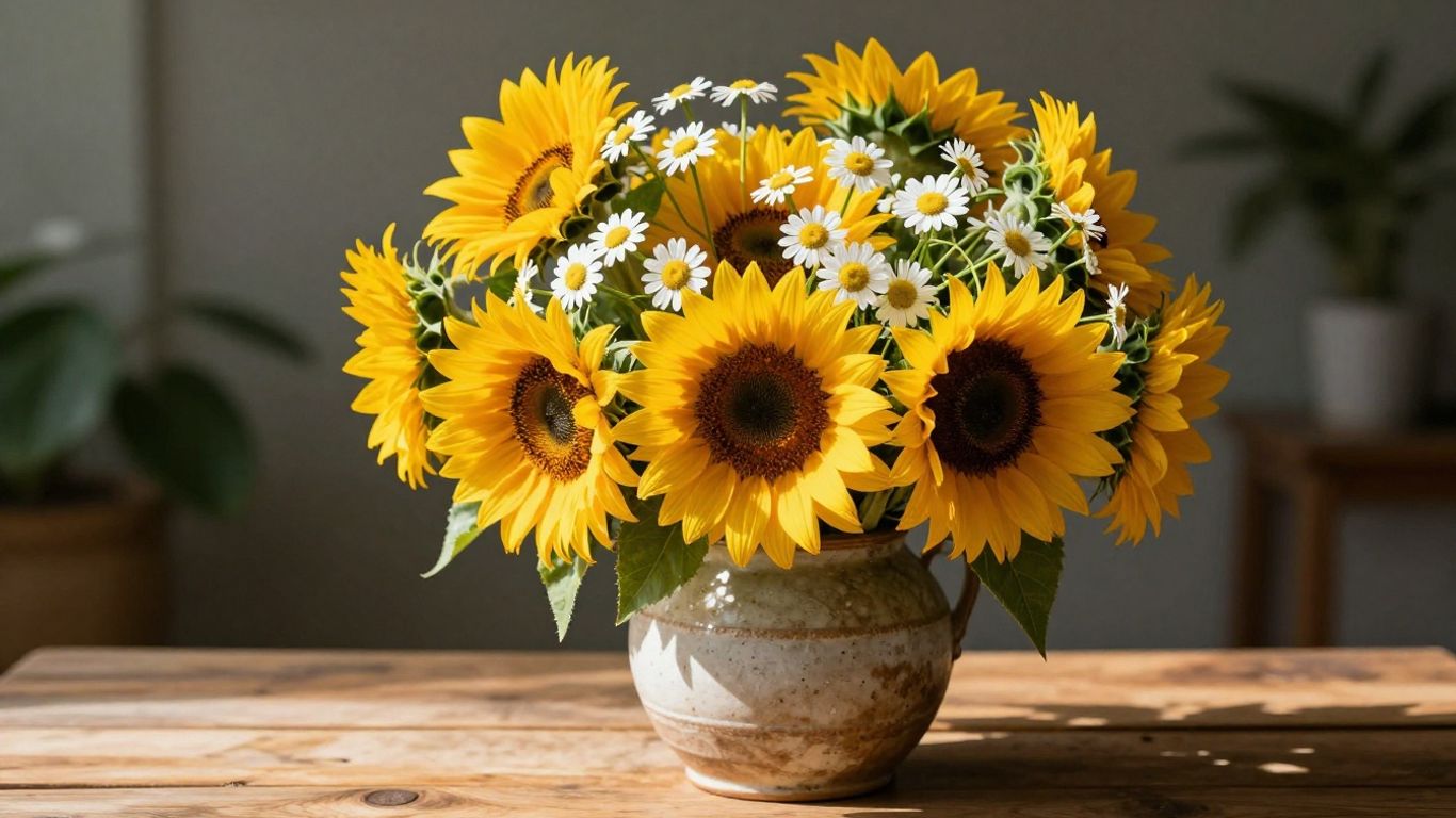 Bright sunflowers and daisies in a vase.