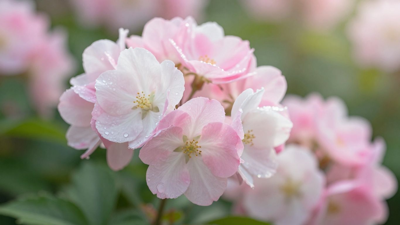 Pink and white flowers with dew drops.