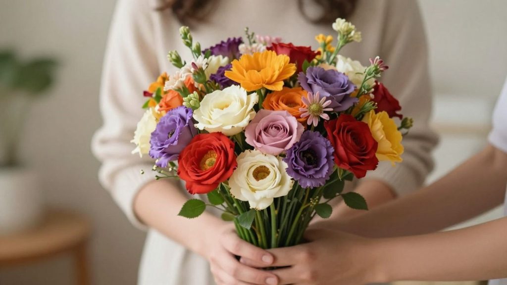 Bouquet of colorful flowers held by hands.