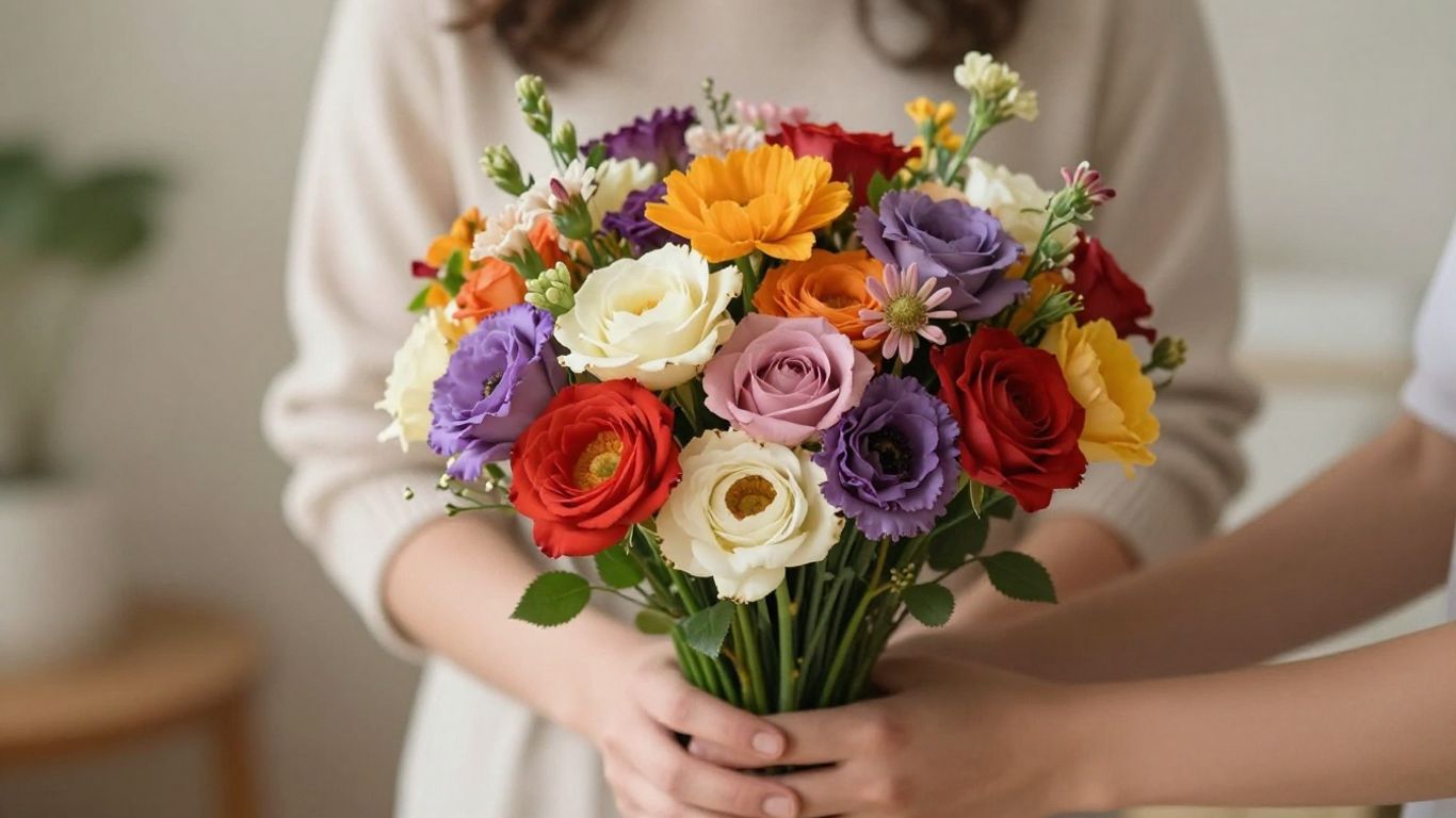Bouquet of colorful flowers held by hands.